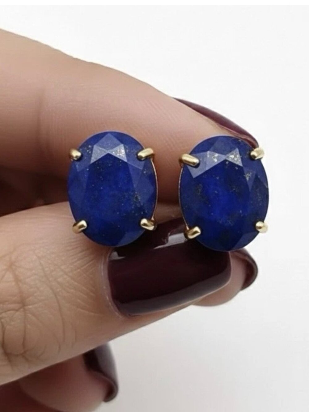 NEW Lapis Lazuli Oval Stud Earrings 18K Gold Plated Gemstone Academia Boho